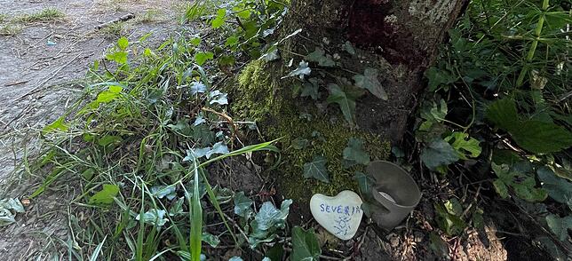Ein herzförmiger Stein liegt unweit der Stelle am Rheinufer bei Jestetten, an der am 9. Juni 2023 die Leiche des getöteten Wildcampers ...