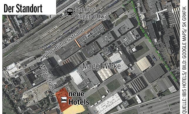 Der Stadtplan zeigt die Lage der neuen Hotels im Quartier südlich des Hegau-Tower.