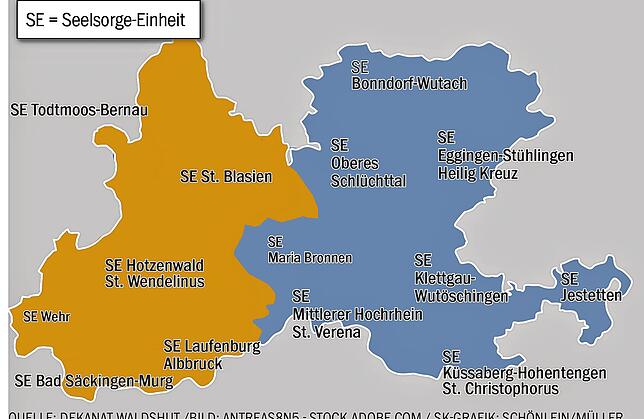 Statt des Dekanats Hochrhein wird es künftig zwei Großgemeinden geben: St. Fridolin Bad Säckingen (orange) und Mariä Himmelfahrt (blau).