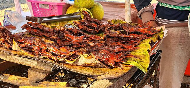 Ist Geschmackssache: frittierte Ratten in Battambang in Kambodscha.