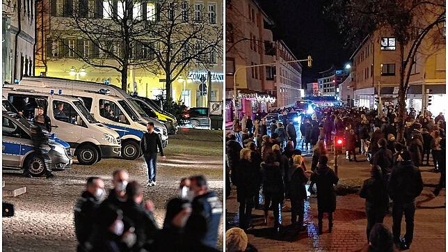 Während es in Ravensburg am Montagabend weitgehend ruhig blieb (links), versammelten sich in Friedrichshafen rund 3000 Demonstranten.