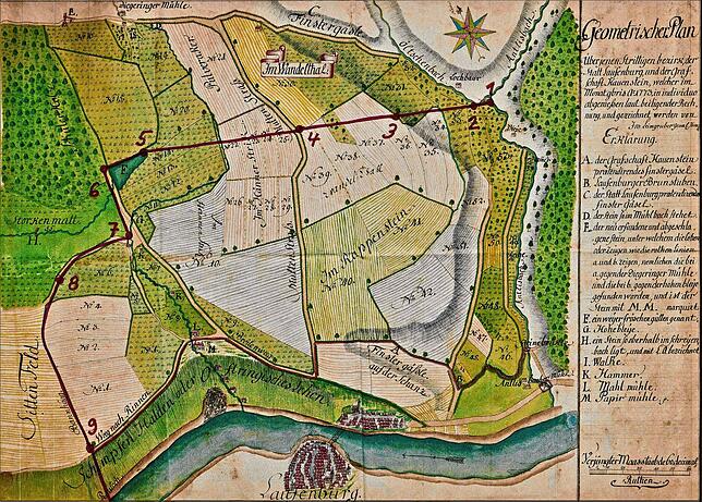 In den 1773 von Josef Leimgruber gefertigten Geometrischen Plan über den strittigen Bezirk der Stadt Laufenburg und der Grafschaft ...