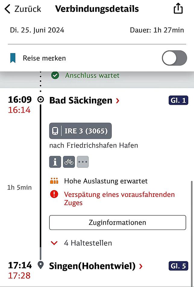 Die Verspätung eines vorausfahrenden Zuges überträgt sich auch auf den dahinter fahrenden Zug. (Screenshot vom 25.06.2024)