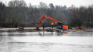Neben dem mit Pontons auf dem See schwimmenden Bagger mit einem Wasserrad war auch eine Mulchraupe auf den Inseln eingesetzt worden, um ...