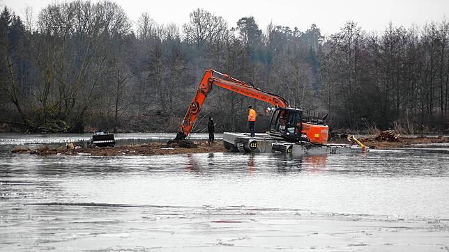 Neben dem mit Pontons auf dem See schwimmenden Bagger mit einem Wasserrad war auch eine Mulchraupe auf den Inseln eingesetzt worden, um ...