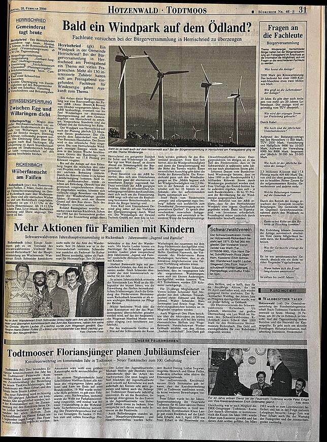 Zeitungsausschnitt SÜDKURIER vom 28. Februar 2000: Damals war das Thema Windräder auf dem Ödland schon einmal aktuell. Der damalige ...