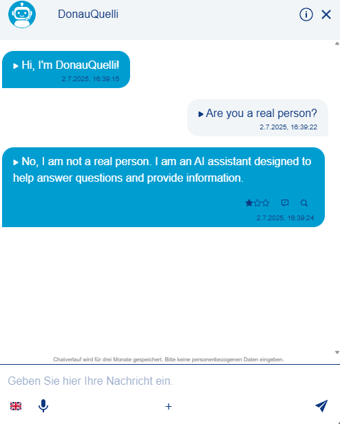 Neben Deutsch und Englisch kann der DonauQuelli noch 18 weitere Sprachen. Auch leichte Sprache kann eingestellt werden. Der Bot wurde ...