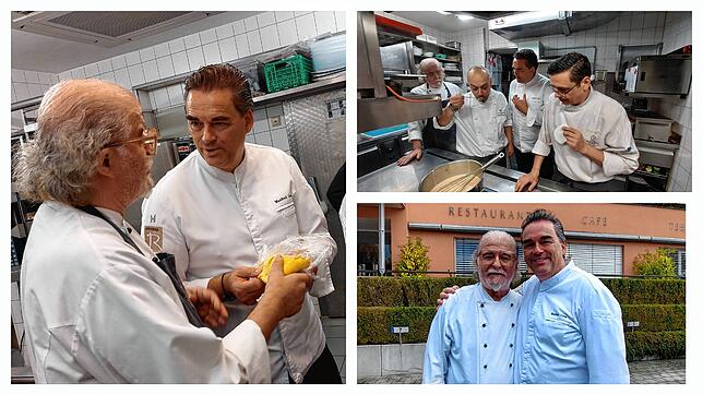 Maurizio Canestrini (linkes Bild links) und Manfred Lang in der Küche des Casala. Rechts oben schmecken sie gemeinsam Casala-Küchenchef ...