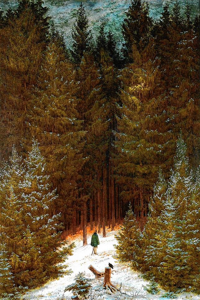 Ein einsamer französischer Soldat, von deutschem Wald umzingelt: „Der Chasseur im Walde“, Caspar David Friedrich, 1814.