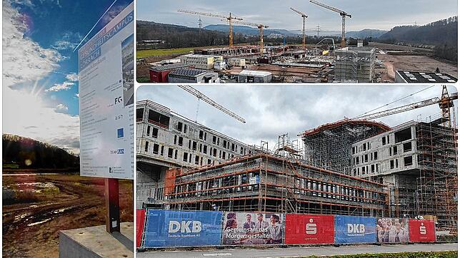 Im November 2020 war auf dem Baugrundstück für das neue Zentralkrankenhaus in Lörrach noch nichts zu sehen (links). Erste ...