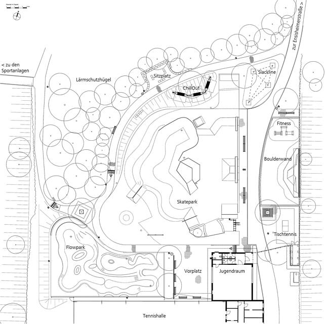 Dieser Übersichtsplan zeigt die Nutzungsmöglichkeiten der Trendsportanlage, die im April fertiggestellt sein soll: Im Süden Flowpark ...