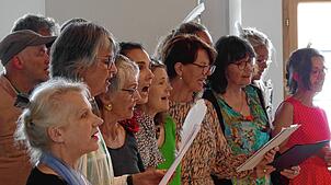 Dorle Ferbers Chor singt die Kreishymne bei der Eröffnung der Ausstellung in der Kreisgalerie Meßkirch.