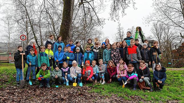Die Dritt- und Viertklässler der Grundschule Bohlingen pflanzen mit Gewässerwart Sergej Ullmann und seinen Kollegen des ...
