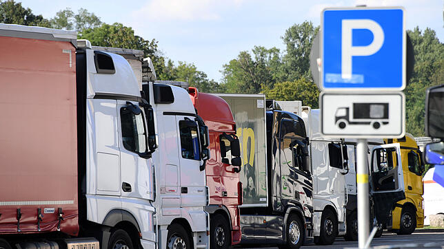 Lastwagen stehen an der Autobahn 5 bei Karlsruhe auf einem Rastplatz. Sie haben Glück und einen richtigen Platz gefunden &ndash; vielen ...