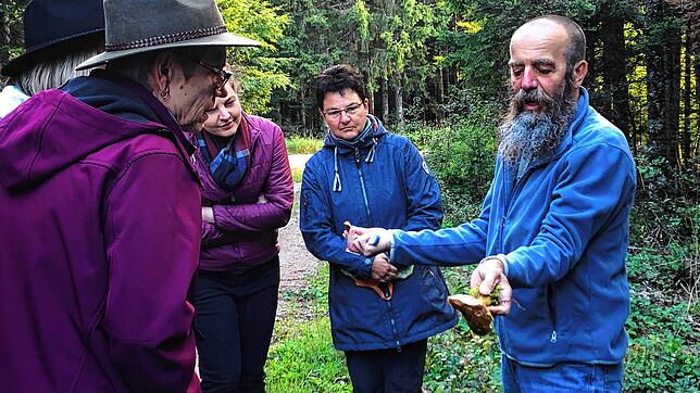 Bei der Exkursion in dem Villinger Stadtwald begutachtet Edgar Riehle gemeinsam mit den Teilnehmern Pilze, die am Wegesrand wachsen.