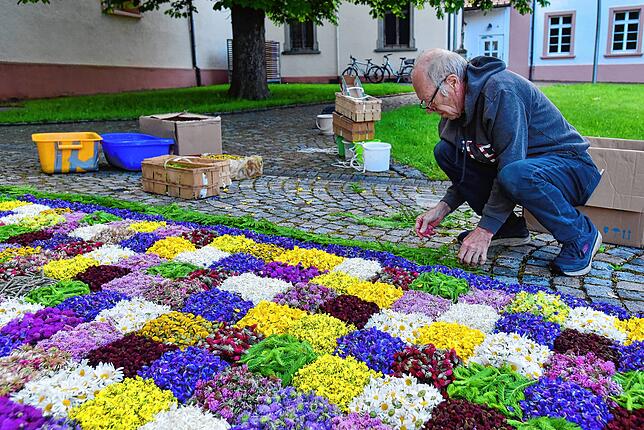 Bild 26: Hüfinger feiern ihr Fronleichnamsfest auch mit stark verkürzten Blumenteppichen