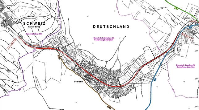 Die Bahnstrecke zwischen Grenze (links) und Jestetten soll zweispurig ausgebaut werden. Plan: RP