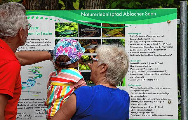 Schautafeln geben Informationen über das Tier-und Fischleben der Ablacher Seen.