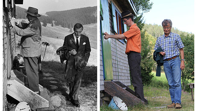 Journalistenbesuche in der Heidegger-Hütte. Damals, noch in Schwarz-Weiß: Spiegel-Chefredakteur Rudolf Augstein (rechts) vor der Hütte ...