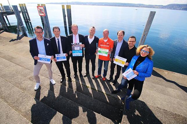 Freuen sich auf den "Lake Estates"-Halbmarathon in Überlingen am 1. und 2. Mai (von links): Florian Semet (Lake Estates), Markus Ott ...