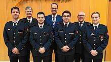 Ehrungen und Beförderungen bei der Feuerwehr Unterkirnach. Im Bild, von links: Jürgen Beha, Christoph Kleiner, stellvertretender ...