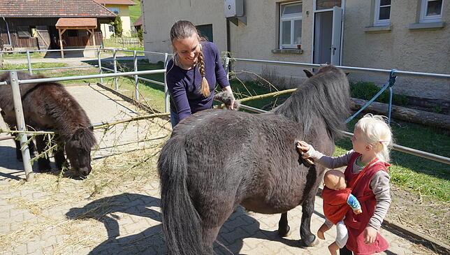 Das Pony Betty wird von der kleinen Paula und von Lena Schmidt gestriegelt. Die Pferde genießen Auslauf und Pflege.