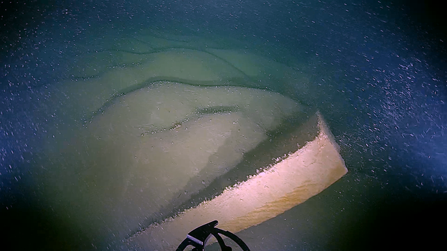 Eine Sandsteinplatte am Grund des Bodensees. Es handelt sich um verlorengegangene Ladung des Lastsegelschiffs.