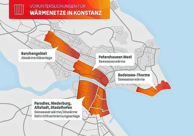Große Pläne in Konstanz: Diese Grafik zeigt alle derzeit mit Vorrang geplanten Wärmeverbünde. Hier wollen die Stadtwerke zusammen mit ...