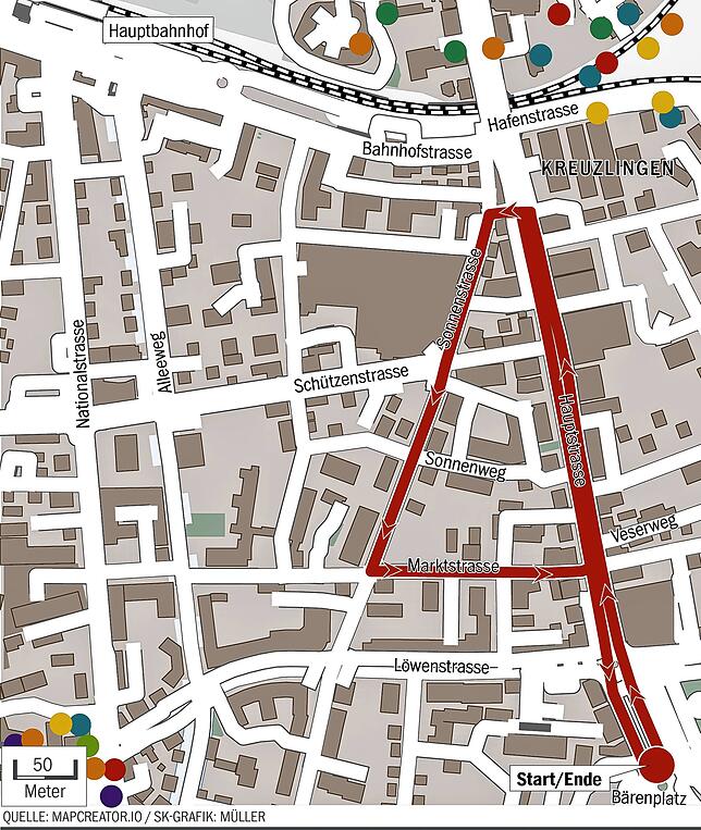 Die Route des Kreuzlinger Umzugs beginnt am Bärenplatz, verläuft über die Hauptstraße in die Sonnen- und Marktstraße bis sie schließlich ...