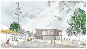So soll das neue Dorfgemeinschaftshaus mit dem neuen Dorfplatz künftig aussehen.