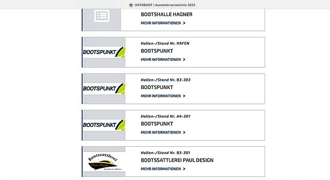 Im Ausstellerverzeichnis sind viele Anbieter doppelt oder gar dreifach aufgeführt, so wie der Händler Bootspunkt, der an zwei Ständen ...