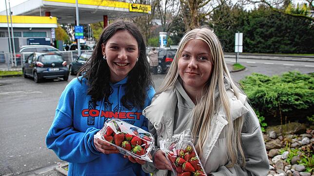 Kaufen sich in der Mittagspause gerne Obst, zum Beispiel Erdbeeren: Vanessa Schmid und Leonie Hack aus der Klasse WG4 der ...