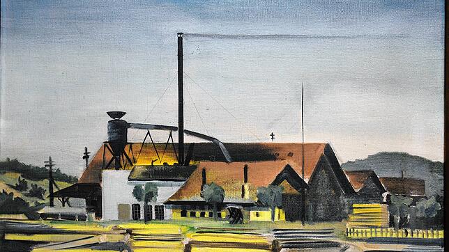 Dieses Ölbild zeigt die Dampfsäge im Juni 1939, ein halbes Jahr nach dem durch &bdquo;Arisierung&ldquo; erzwungenen Besitzerwechsel.