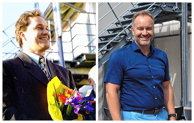 Bürgermeister Matthias Weckbach links im Jahr 1999 und rechts 2022 jeweils vor dem Zollhaus.