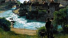 Auf dem 1870 entstandenen Gemälde „Rhein bei Laufenburg“ (Ausschnitt) von Hans Thoma sind in der unteren Bildhälfte die Gleise der erst ...