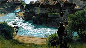 Auf dem 1870 entstandenen Gemälde „Rhein bei Laufenburg“ (Ausschnitt) von Hans Thoma sind in der unteren Bildhälfte die Gleise der erst ...