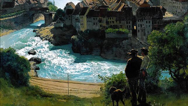 Auf dem 1870 entstandenen Gemälde „Rhein bei Laufenburg“ (Ausschnitt) von Hans Thoma sind in der unteren Bildhälfte die Gleise der erst ...