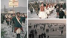 Fasnacht bei der Seegfrörne 1963 und viele Menschen in jener Zeit auf dem Eis zwischen Bodman und Ludwigshafen, die damals noch keine ...