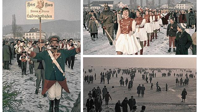 Fasnacht bei der Seegfrörne 1963 und viele Menschen in jener Zeit auf dem Eis zwischen Bodman und Ludwigshafen, die damals noch keine ...