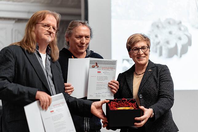 Rudolf Martin und Uwe Frank bei der Preisverleihung durch Nicole Razavi, Ministerin für Landesentwicklung und Wohnen