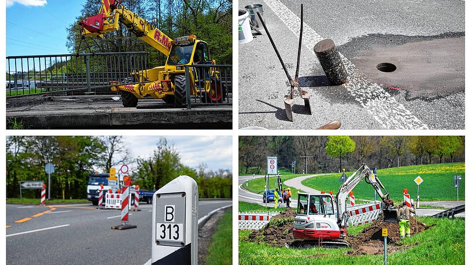 Impressionen des ersten Tags von den Baustellen auf der B313 (links) und L194 (rechts).