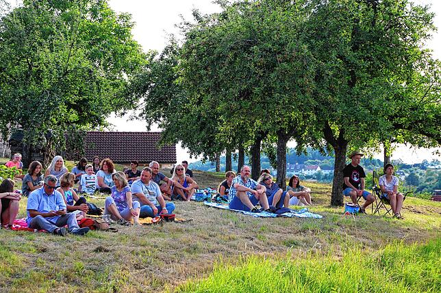 Zufrieden lauschten auch die Besucher auf der nahen Wiese dem Konzert ohne Datum des Musikvereines Wutöschingen.