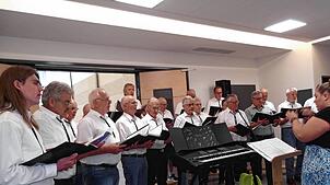 Der Männergesangverein Ewattingen bei einem seiner Konzertabende mit der musikalischen Leiterin Anja Schuler. Foto: Gertrud Rittner
