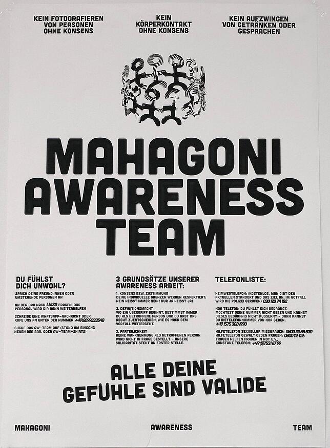 Ein Infoplakat des Mahagoni-Kollektivs über das Awareness-Team. Das Design stammt von Joshua Witt.