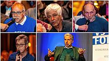 Nach der Diskussion auf der Bühne richten unter anderem Gerd Kirchner, Klaus Ummenhofer, Werner Feißt (obere Reihe von links), sowie ...