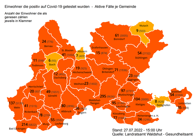 Am 27. Juli 2022 gibt es im Landkreis Waldshut 1875 aktive Corona-Fälle.