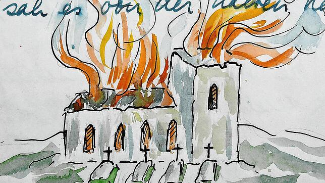 In ihrem Tagebuch stellt Jenny Gutenberg auch die brennende Neukircher Kirche dar. Die Neukircher Kirche und das Rössle fielen am 20. ...