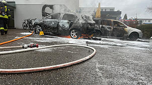 Die Lörracher Feuerwehr löscht das brennende Auto.