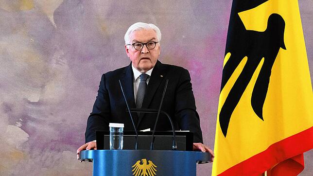 Bundespräsident Frank-Walter Steinmeier spricht im Schloss Bellevue.