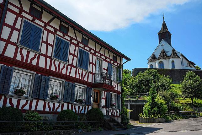 Rheinau, Kanton Zürich, Klosterinsel, Kloster, Hochrhein, Schweiz, große Klosterkirche, Fachwerk – aufgenommen im Juli 2024